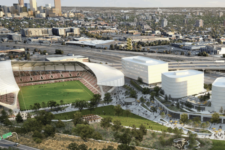 A rendering of the proposed Denver NWSL Stadium in the Baker neighborhood